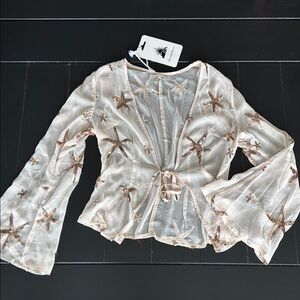 Cream Sheer Blouse with Bell Sleeves and Tie Front. NWT
